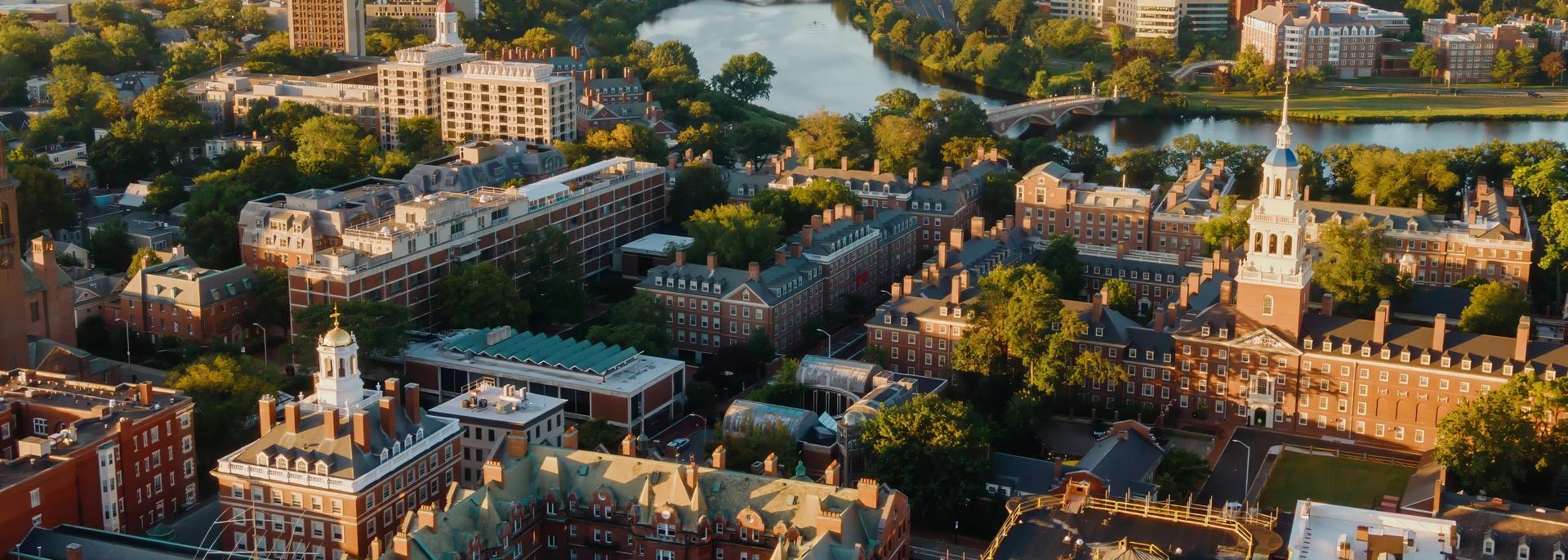 Aerial view of Harvard campus and Charles River in Cambridge, MA.